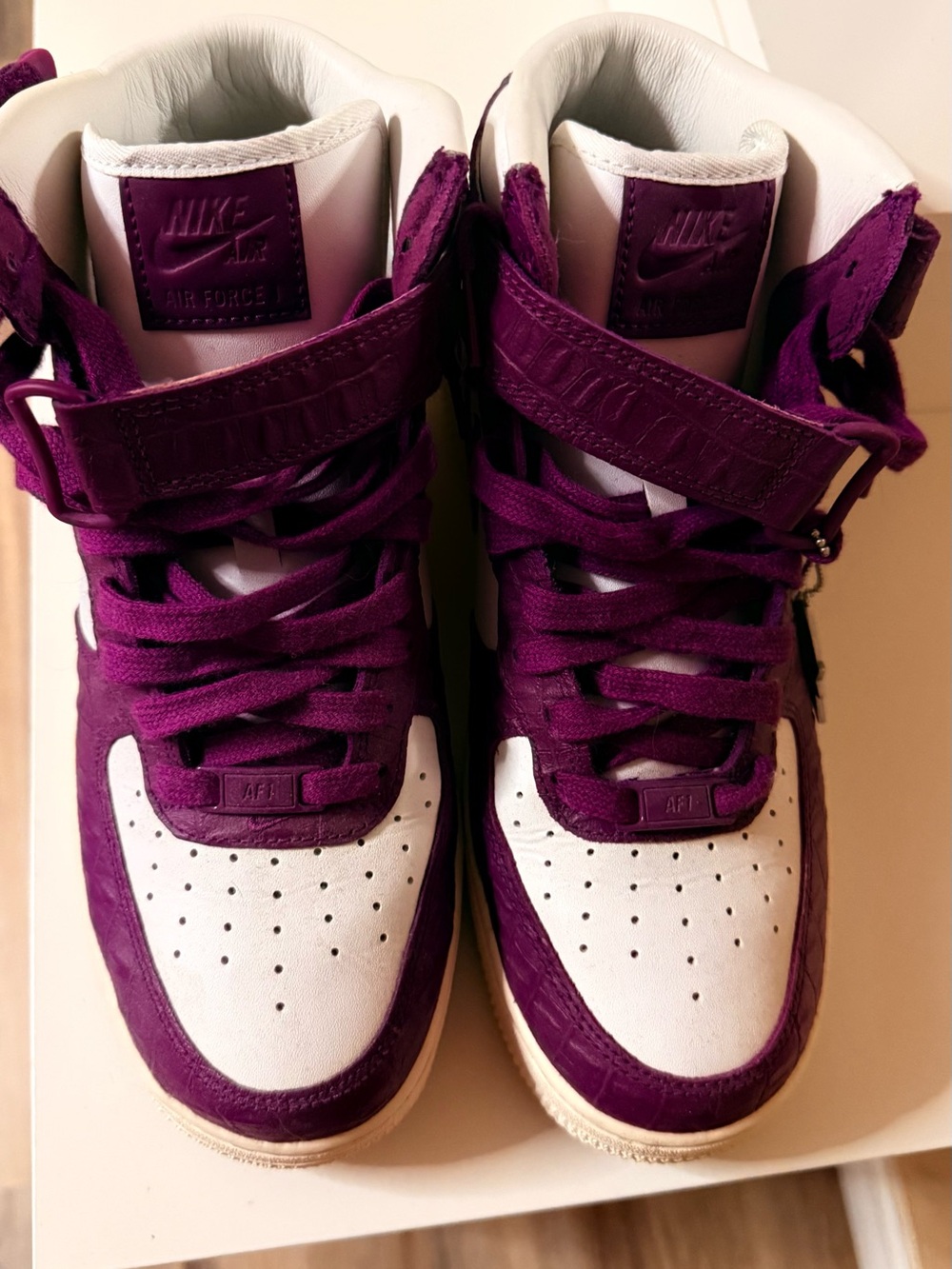 Nike Air Force 1 High Top Sneakers in White & Plum